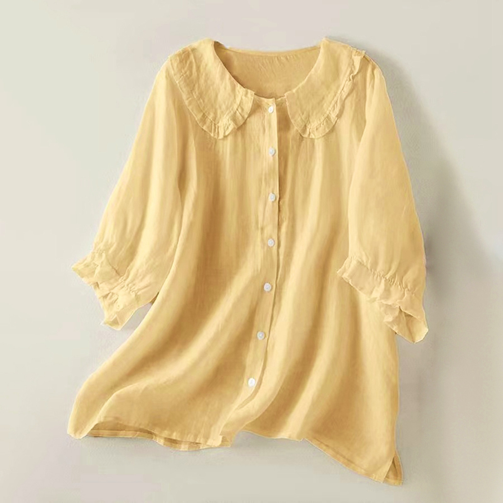 thumbnail image 2 of Camisa de lino de color liso con botones y manga 3/4 para mujer - Top bordado de mezcla de algodón, tallas S-XXXL, 2 of 8